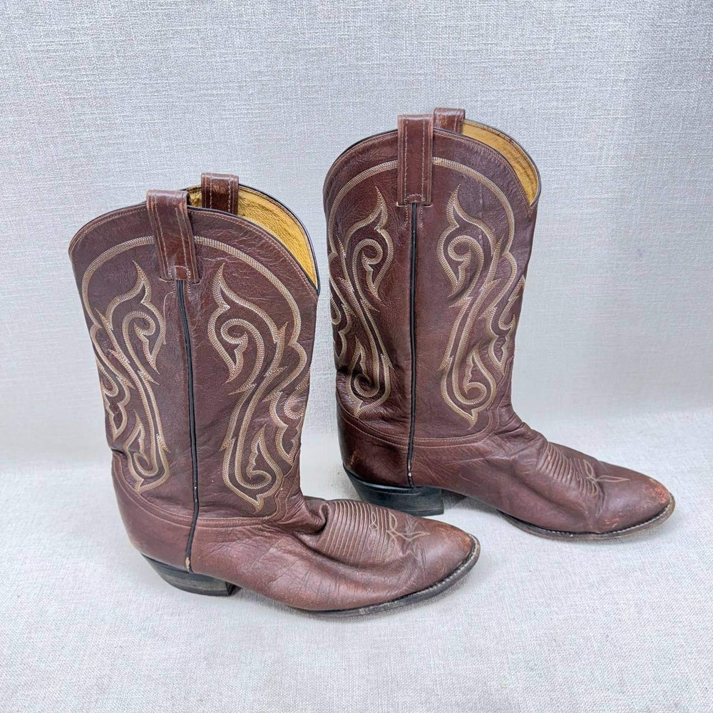 Vintage Larry Mahan Brown Leather Cowboy Boots Mens Western Stitched Made in USA